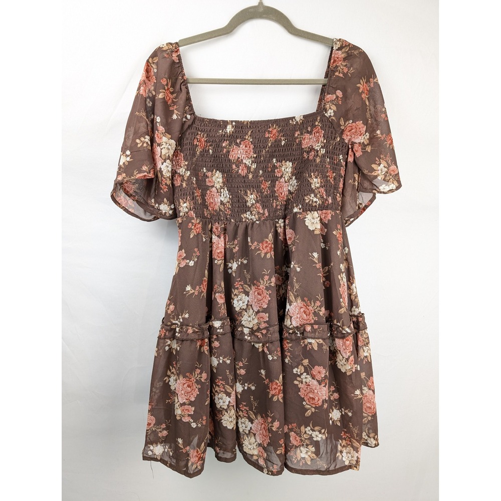 Floral Tiered Smocked Mini Dress Size M Brown Pink Cottagecore Romantic Fairy - Picture 2 of 10
